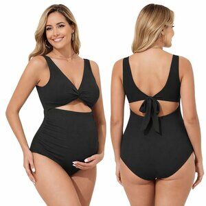 🆕XL Black Maternity Ribbed High Waist One-Piece Swimsuit